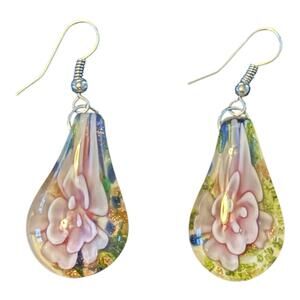 Murano Inspired Blown Art Glass Dangle Earrings Artist Handcrafted Flowers